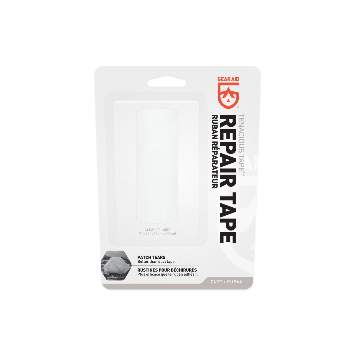 Gear Aid Tenacious clear repair tape roll in blister packaging, 3x20 inches.