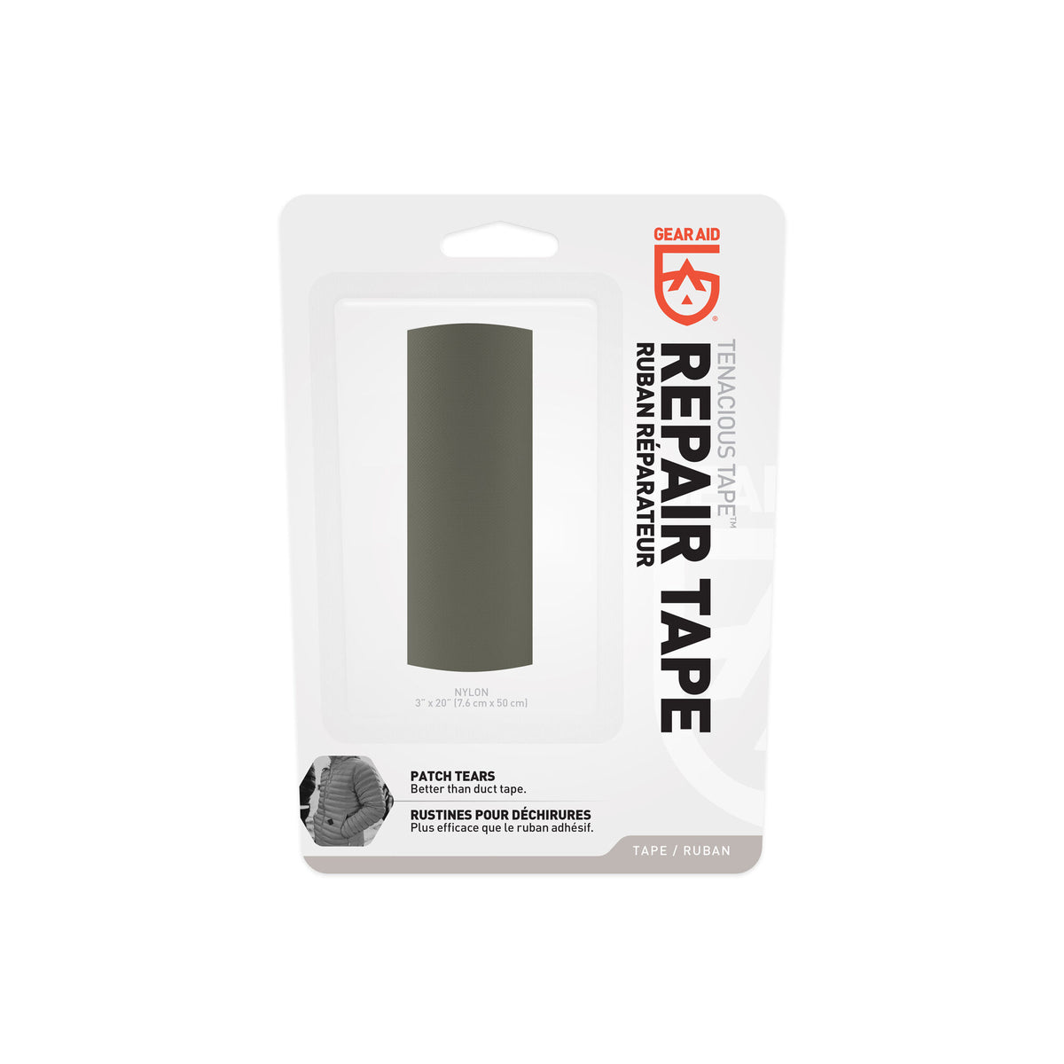 Gear Aid Tenacious Tape nylon repair tape in olive green, 3x20 inches, displayed in retail packaging.