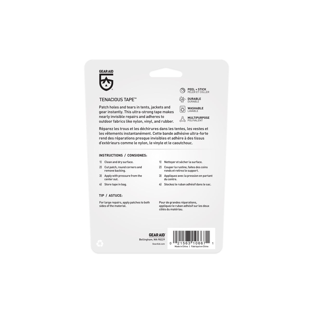 White Gear Aid Tenacious Tape packaging displays the brand logo, product name, feature icons, and a hang tab.