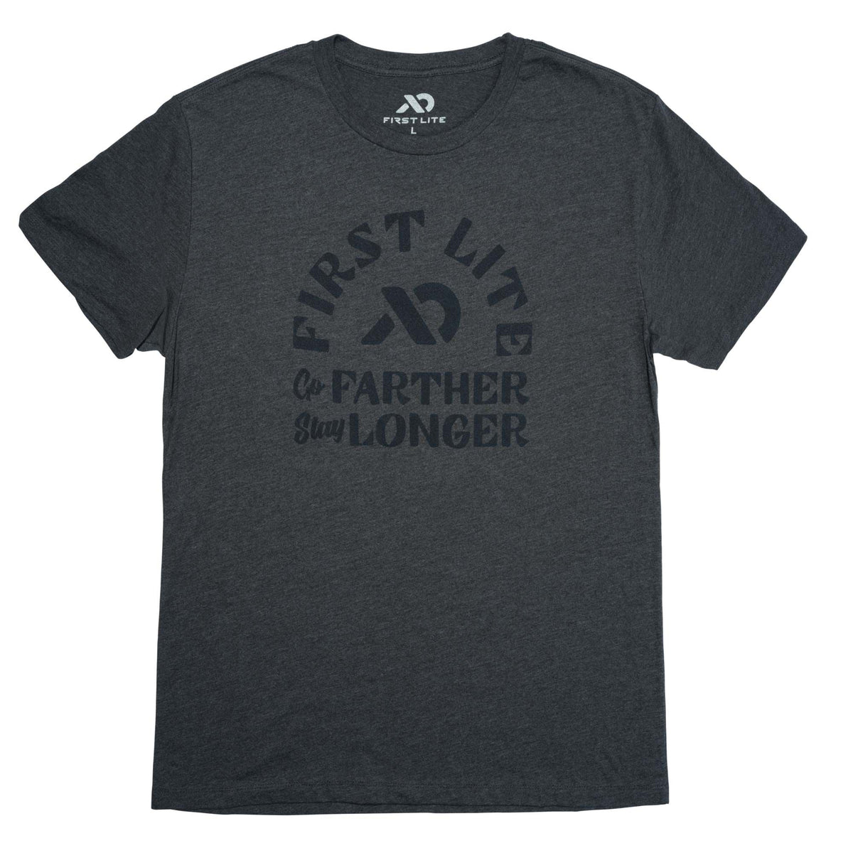 Charcoal heather t-shirt with a dark gray "FIRST LITE GO FARTHER STAY LONGER" graphic on the front.