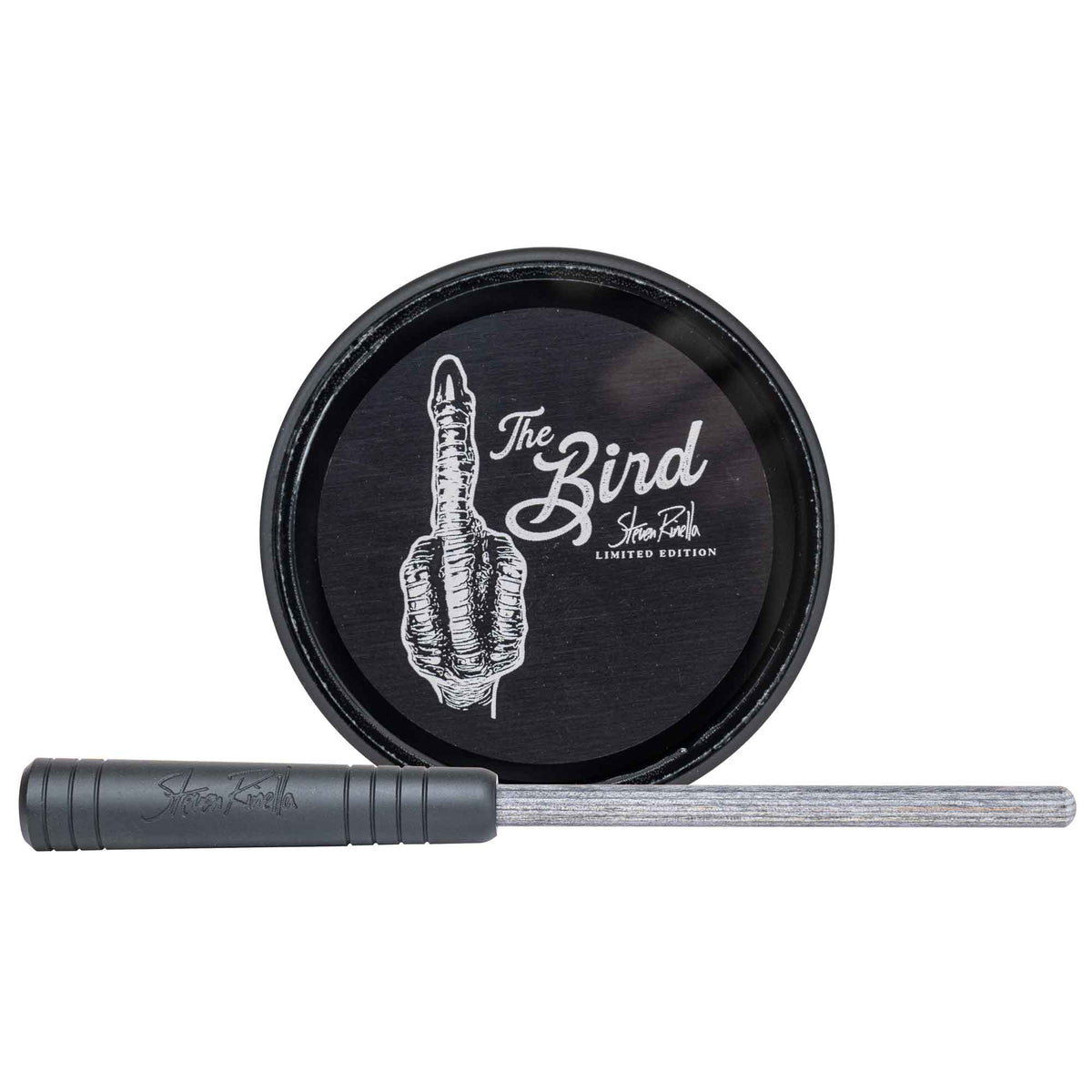 Black sharpening kit with a round puck showing a white "middle finger" graphic and "The Bird Steven Rinella Limited Edition" text, alongside a black-handled sharpening rod.