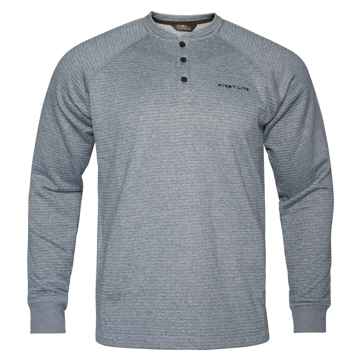 Grey textured long-sleeved Henley shirt with raglan sleeves, a three-button placket, ribbed cuffs, and 'FIRST LITE' logo.