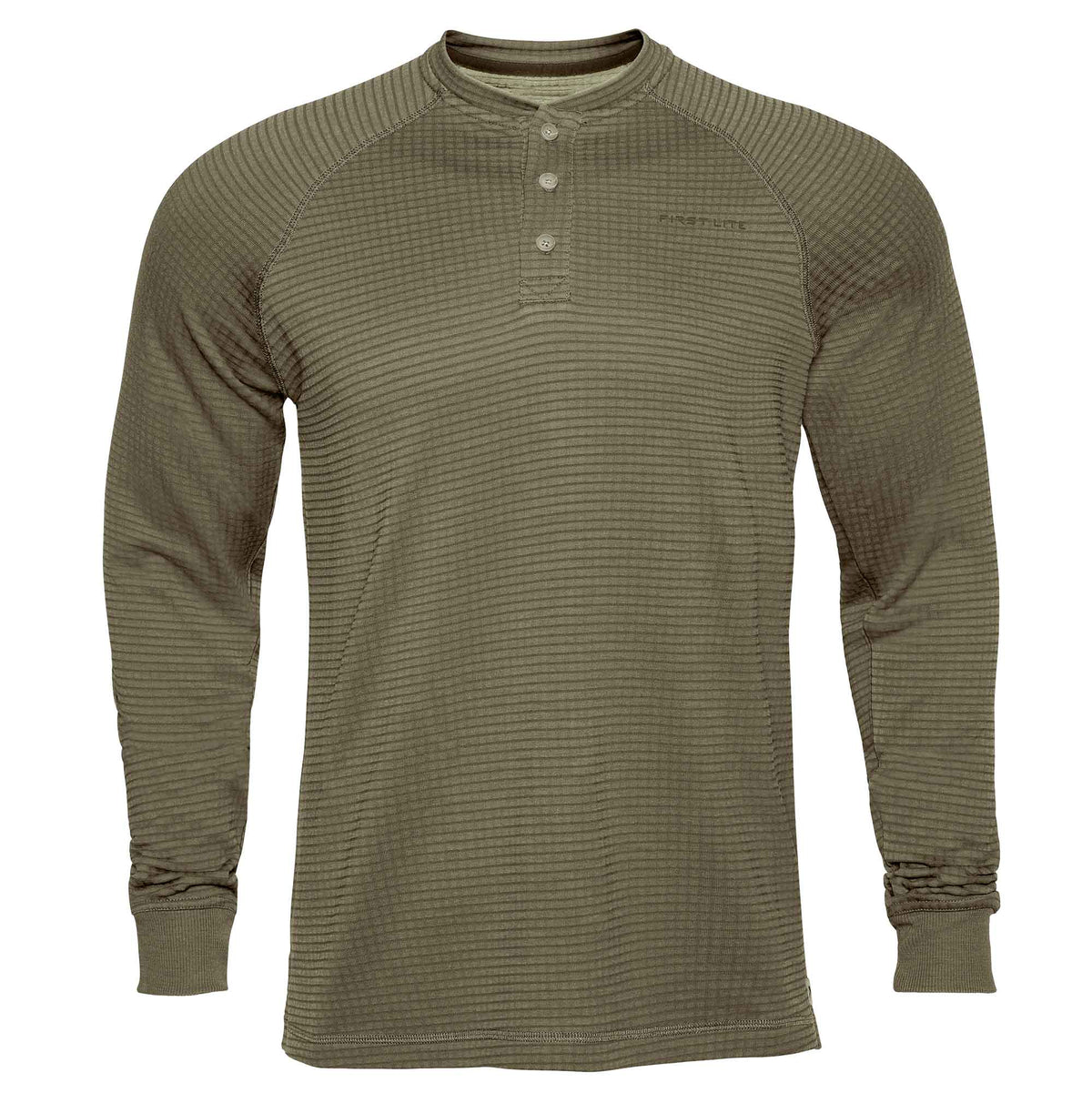 Olive green long-sleeve Henley shirt with a ribbed texture, 3 buttons at the placket, and a "FIRST LITE" logo on the chest.