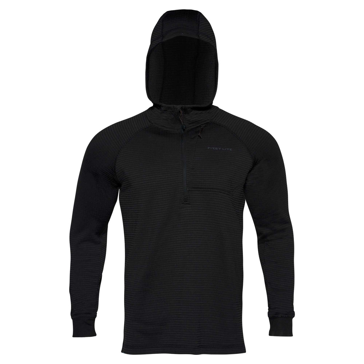 Black First Lite hooded quarter-zip top with ribbed fabric texture.