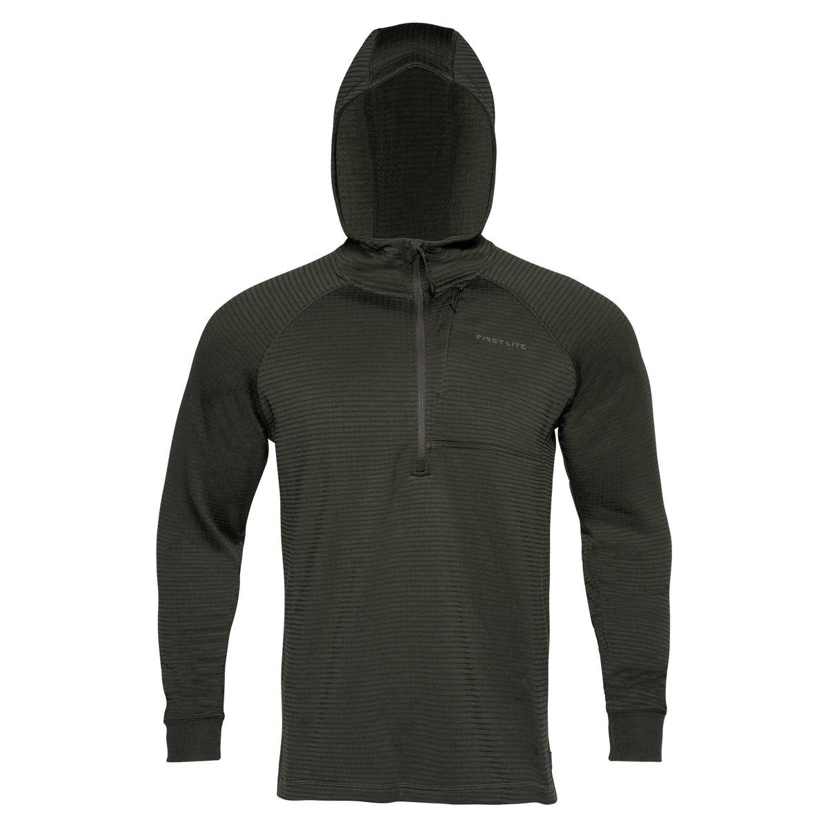 Dark green hooded long-sleeve quarter-zip shirt with a ribbed texture and small chest pocket.