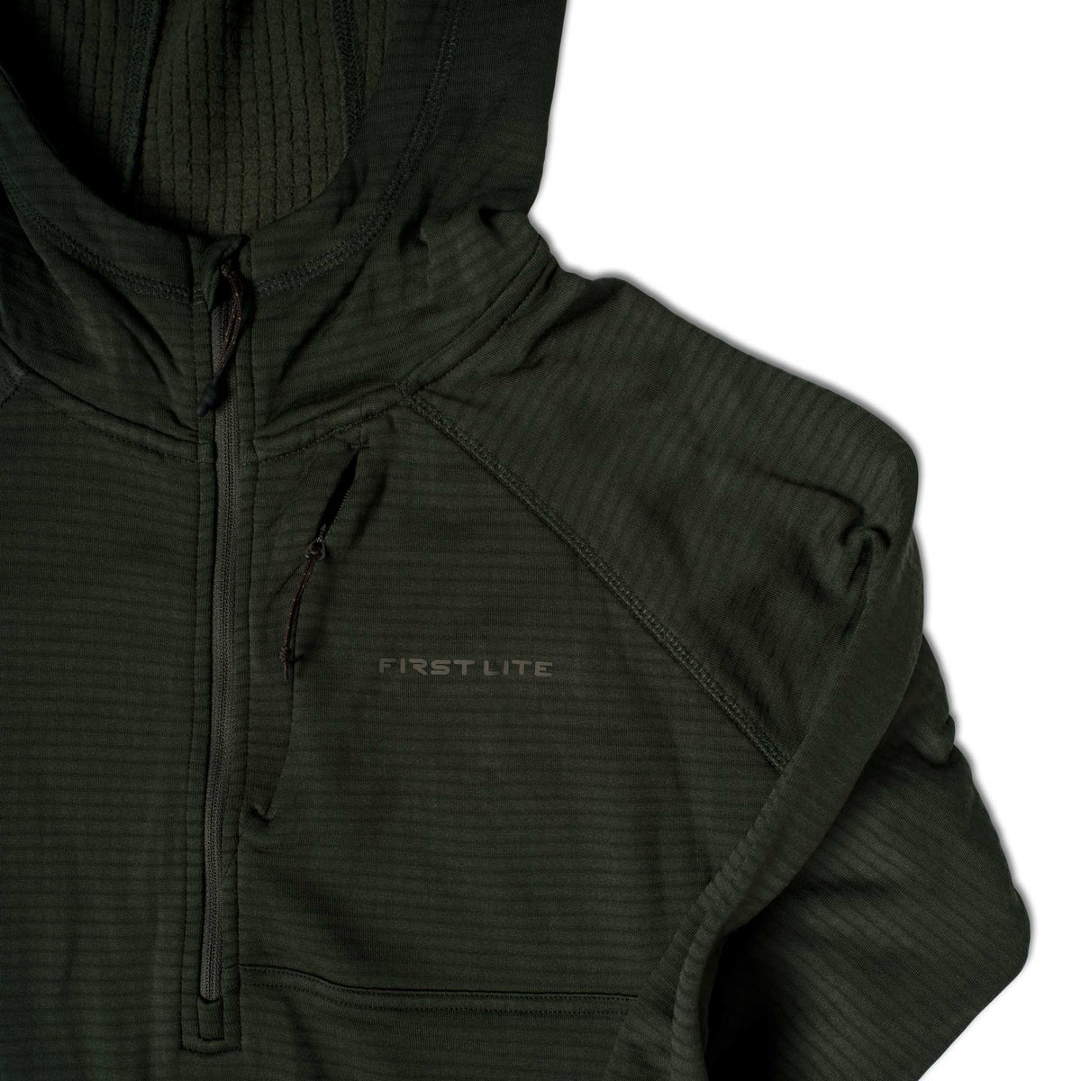 Dark green First Lite hooded quarter-zip top with textured fabric and a zippered chest pocket.