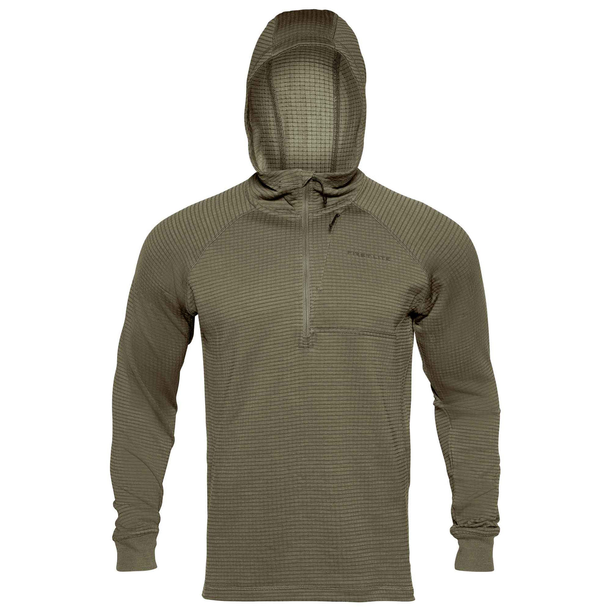 Dark olive green long-sleeve hooded shirt featuring a quarter-zip, textured thermal knit fabric, and a zippered chest pocket.