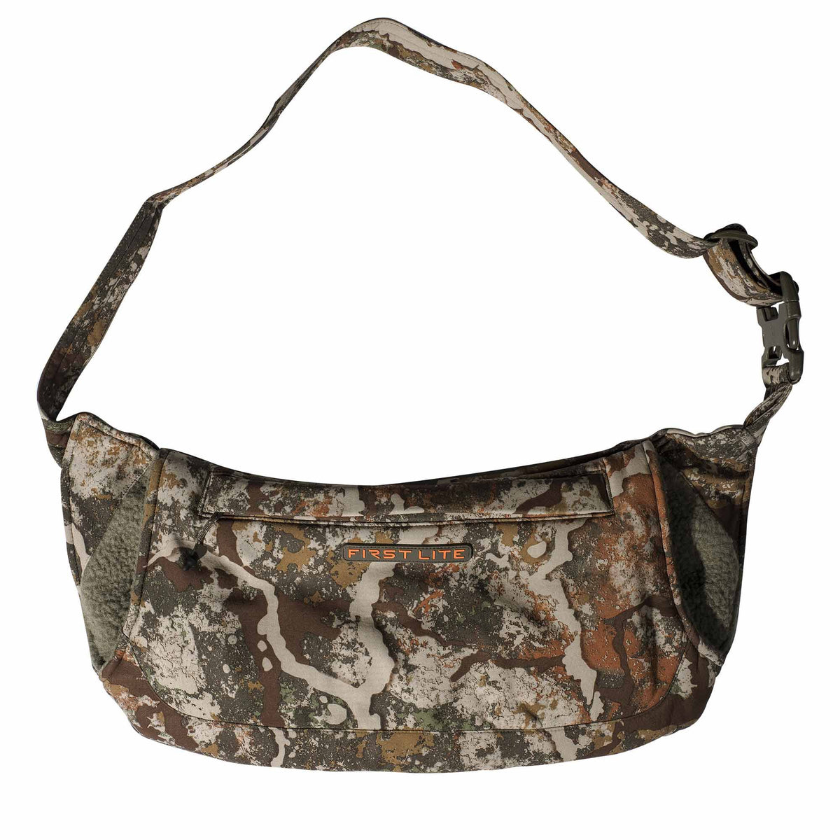 First Lite multi-color camouflage sling bag with an orange logo, adjustable strap with buckle, front zippered pocket, and fuzzy side panels.