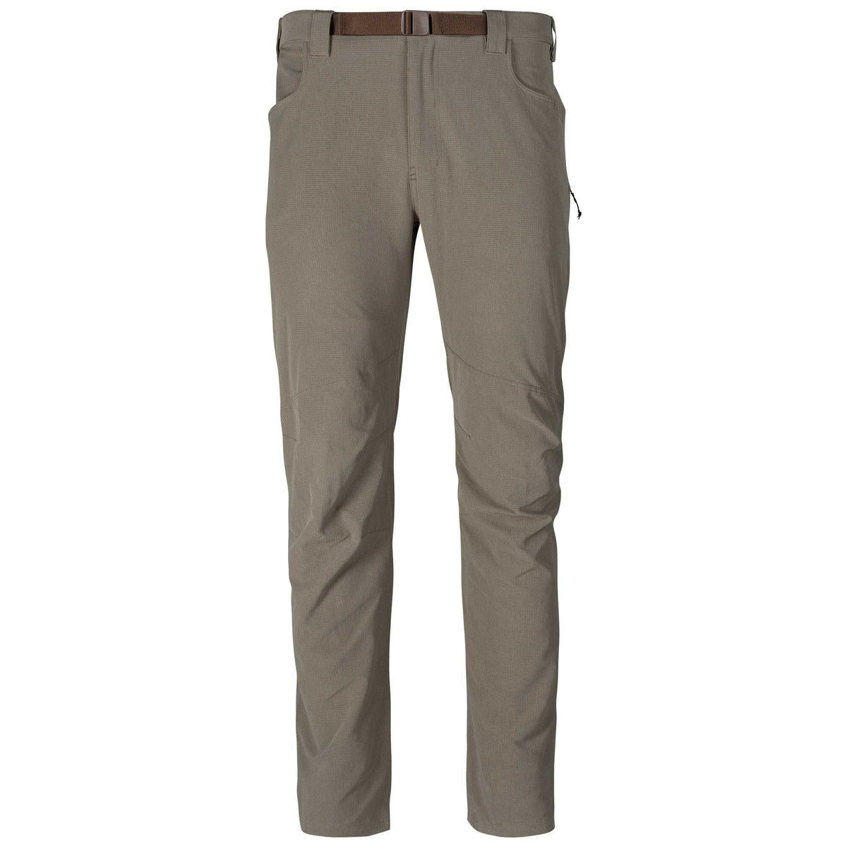 Walnut technical pants with an integrated brown web belt and articulated knees.