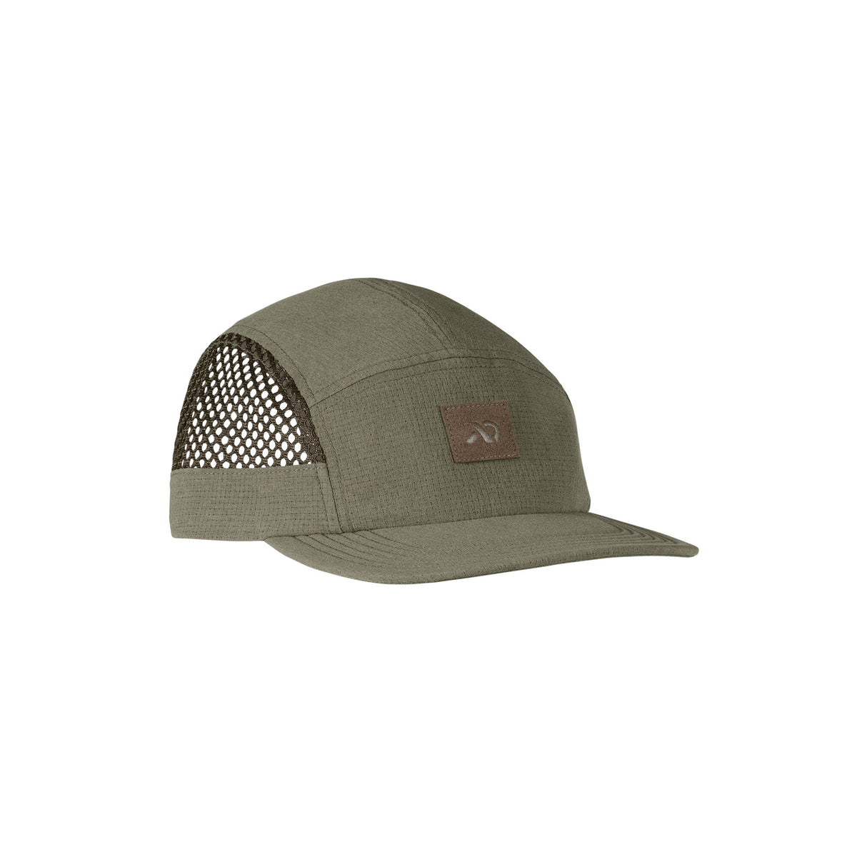 Olive green 5-panel cap with a dark mesh side panel and a brown logo patch on the front.