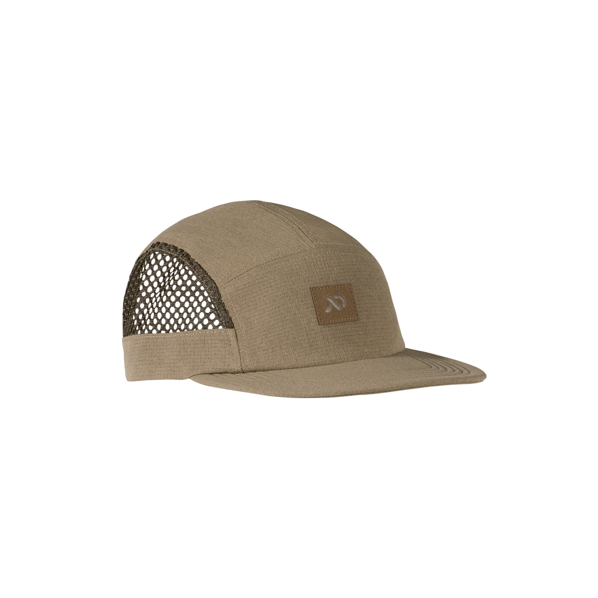 Khaki 5-panel cap with dark mesh sides and a front logo patch.