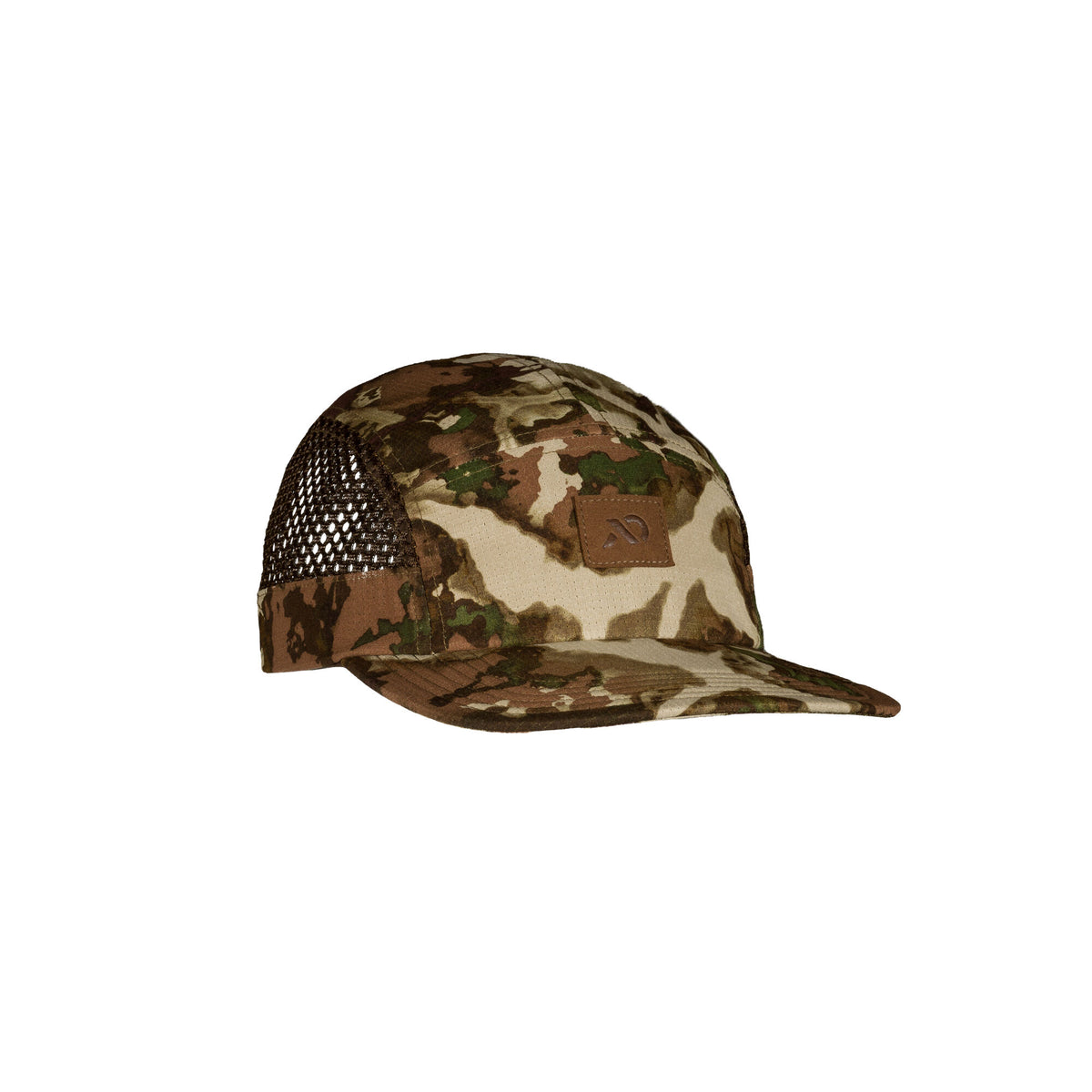 Camo print cap with dark brown mesh side panels and a brown logo patch.
