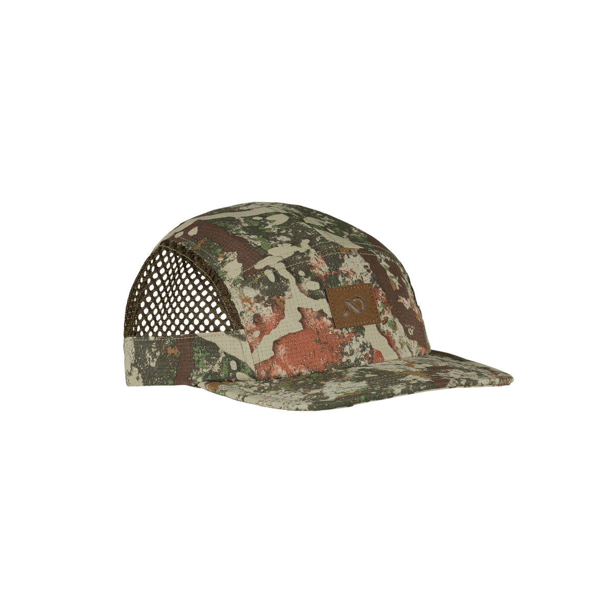 Camouflage cap with mesh side panels and a brown logo patch on the front.