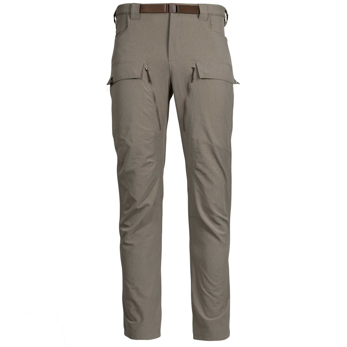 Khaki-grey cargo pants with an integrated dark brown web belt, zippered hand pockets, and flapped thigh pockets with vertical zippers.