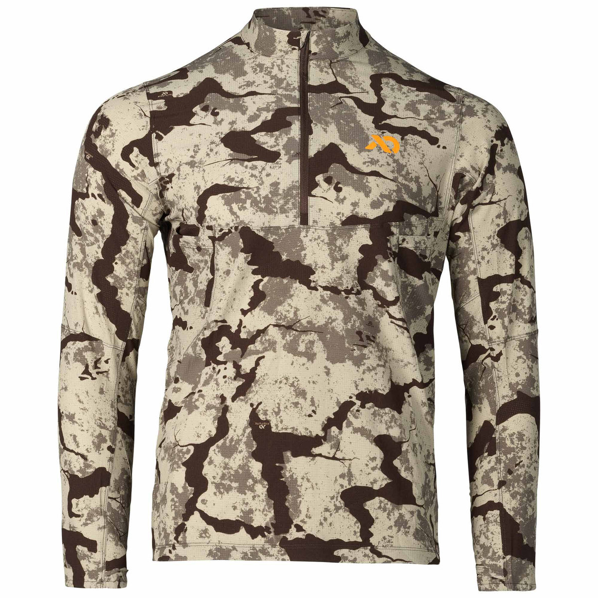Tan and brown camouflage long-sleeve quarter-zip shirt with a stand-up collar and orange chest logo.