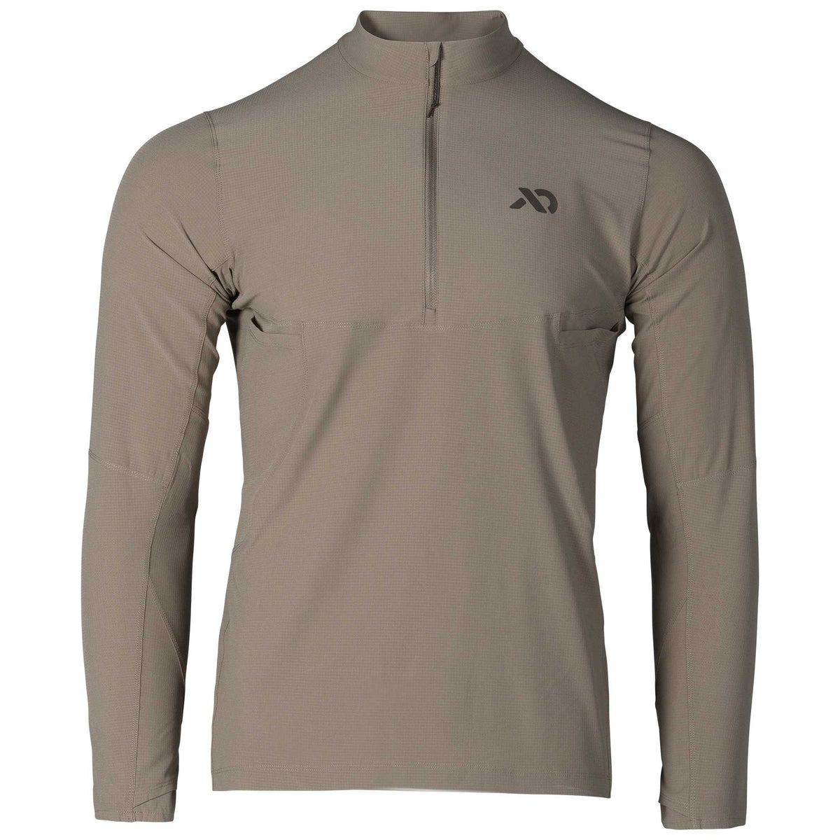 Tan long-sleeve quarter-zip shirt with a subtle grid texture, a dark logo on the left chest, and panel stitching.