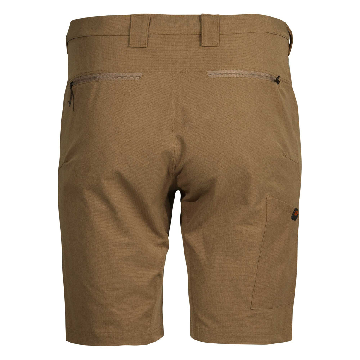 Tan shorts, rear view, with two zippered back pockets and a right cargo pocket featuring an orange logo tag.