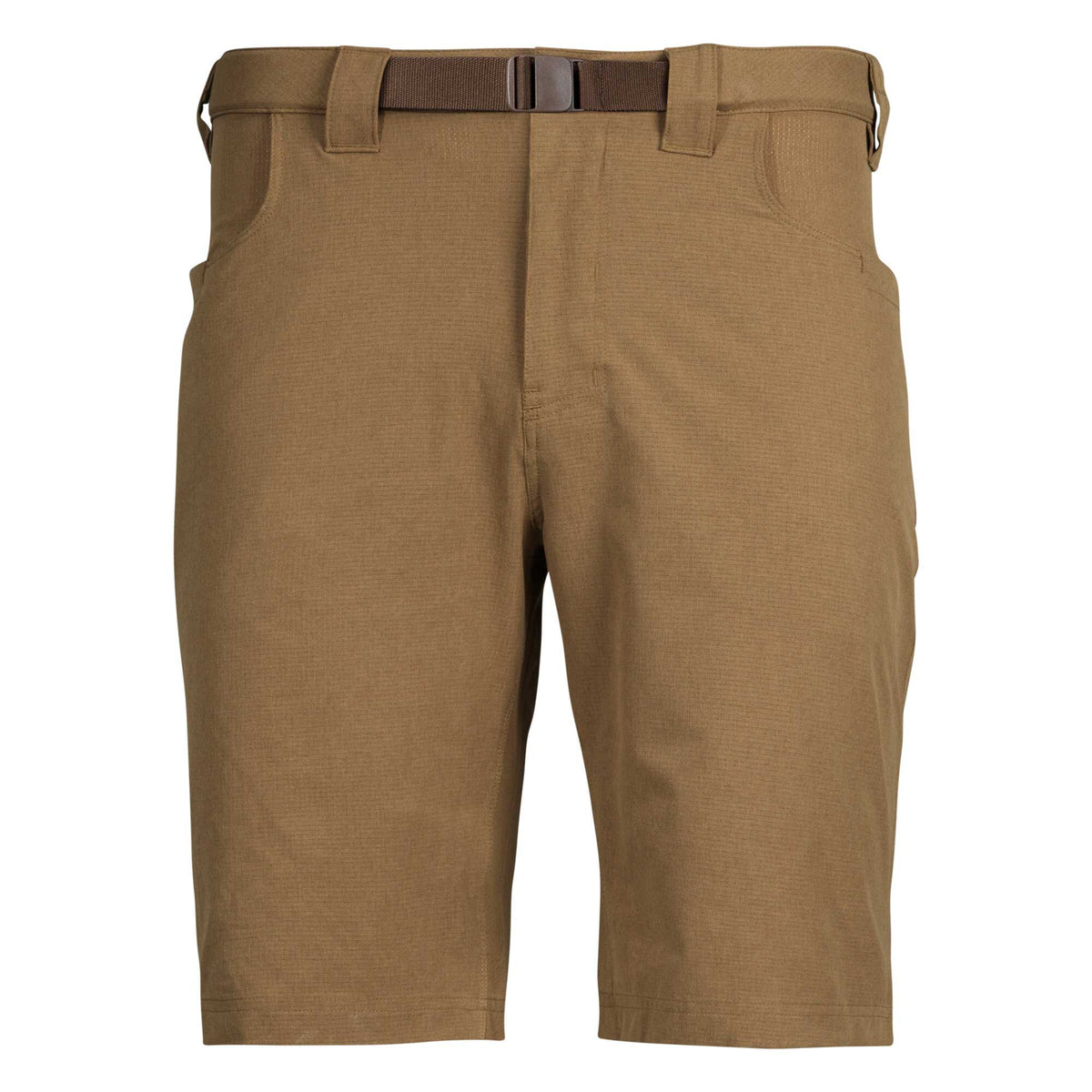 Tan shorts with a built-in brown web belt, front slash pockets, and a subtle textured fabric.