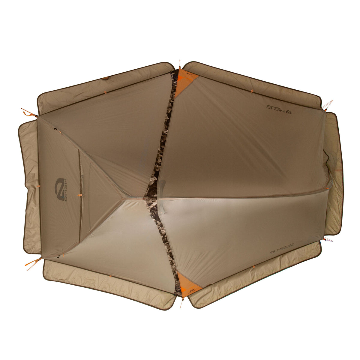 Tan NEMO hexagonal tent footprint with orange tabs and camouflage patterned seams.