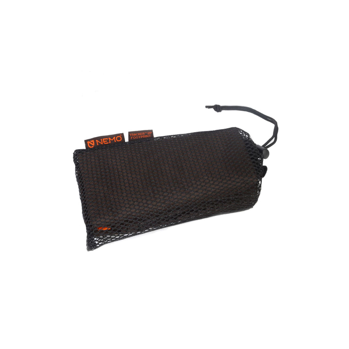 A black mesh drawstring sack holding a NEMO Tracker 2P Footprint, with orange NEMO and Tracker labels visible.