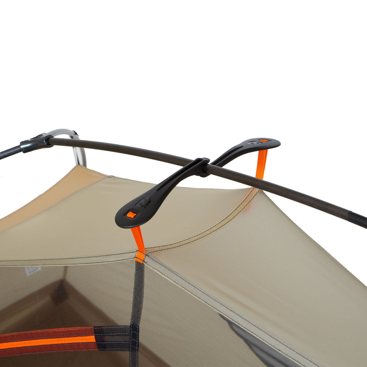 Beige tent with black poles connected by black clips featuring orange webbing.