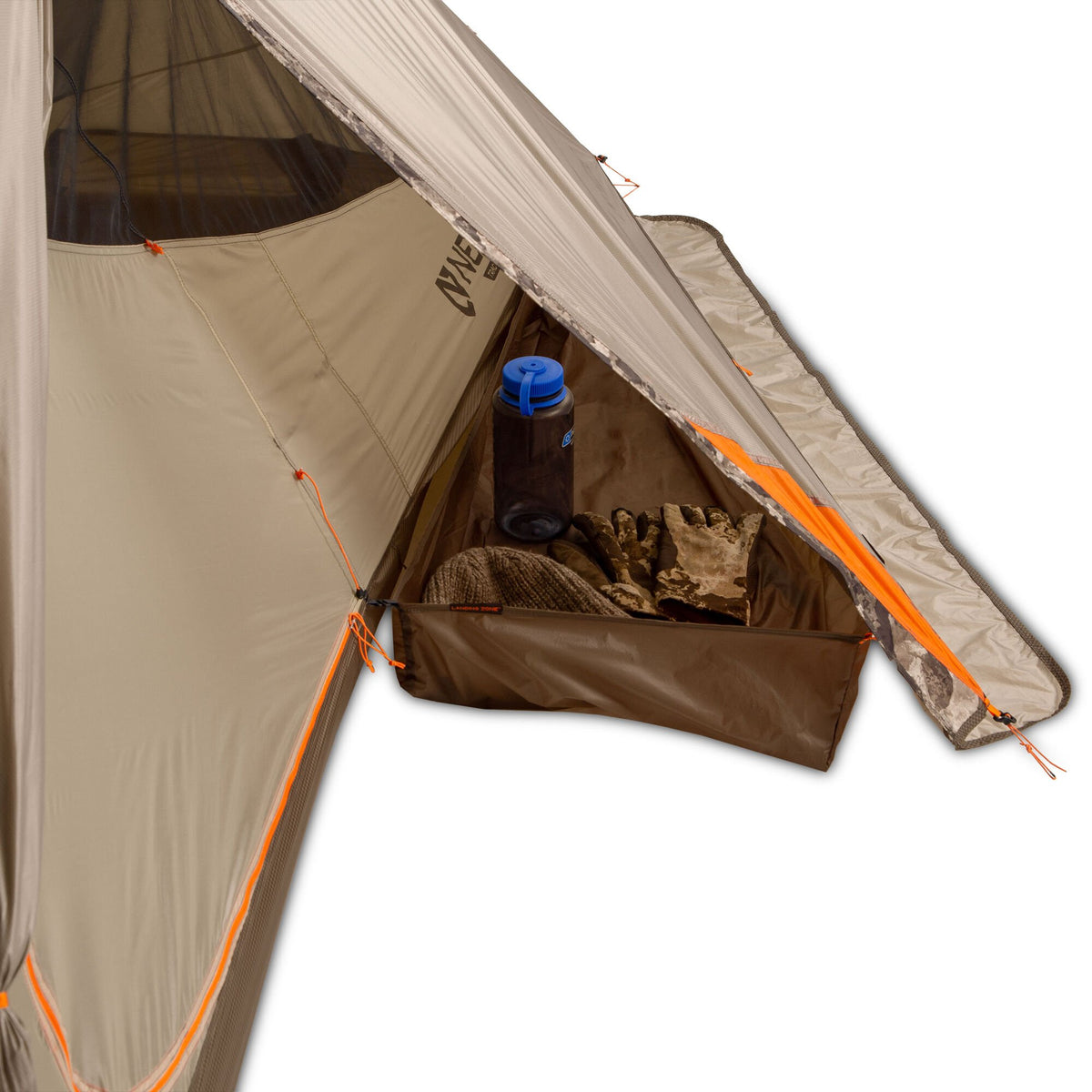 Tan camping tent with orange accents, an open door revealing an interior storage pocket containing a water bottle, knitted hat, and camouflage gloves.