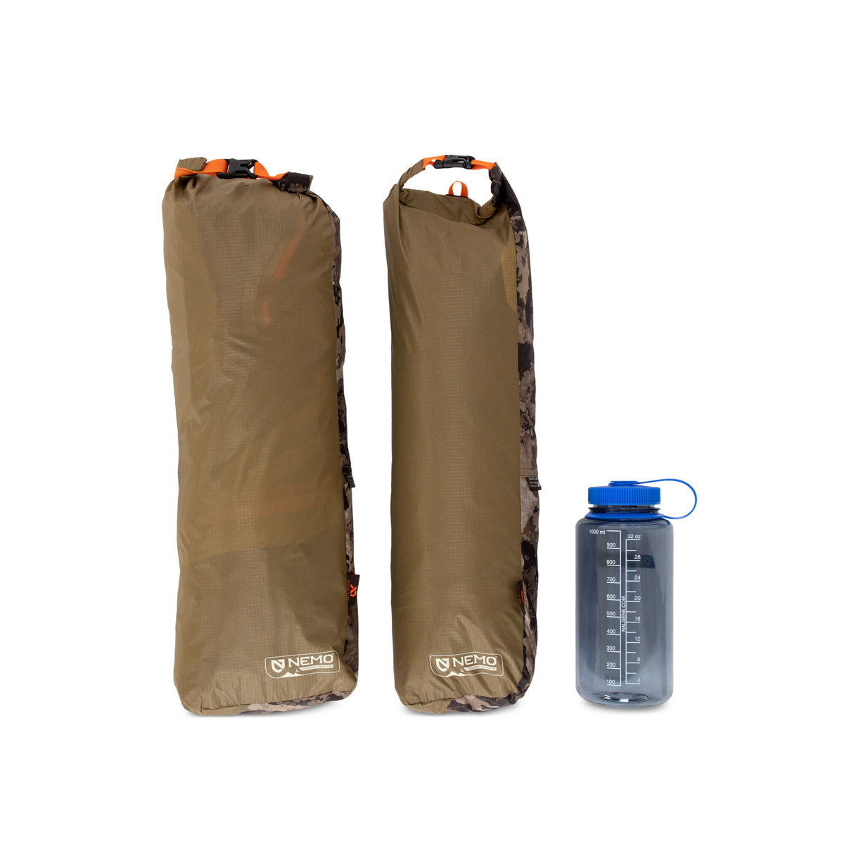 Two olive green NEMO roll-top dry bags with camouflage trim and orange buckles, next to a grey Nalgene water bottle.