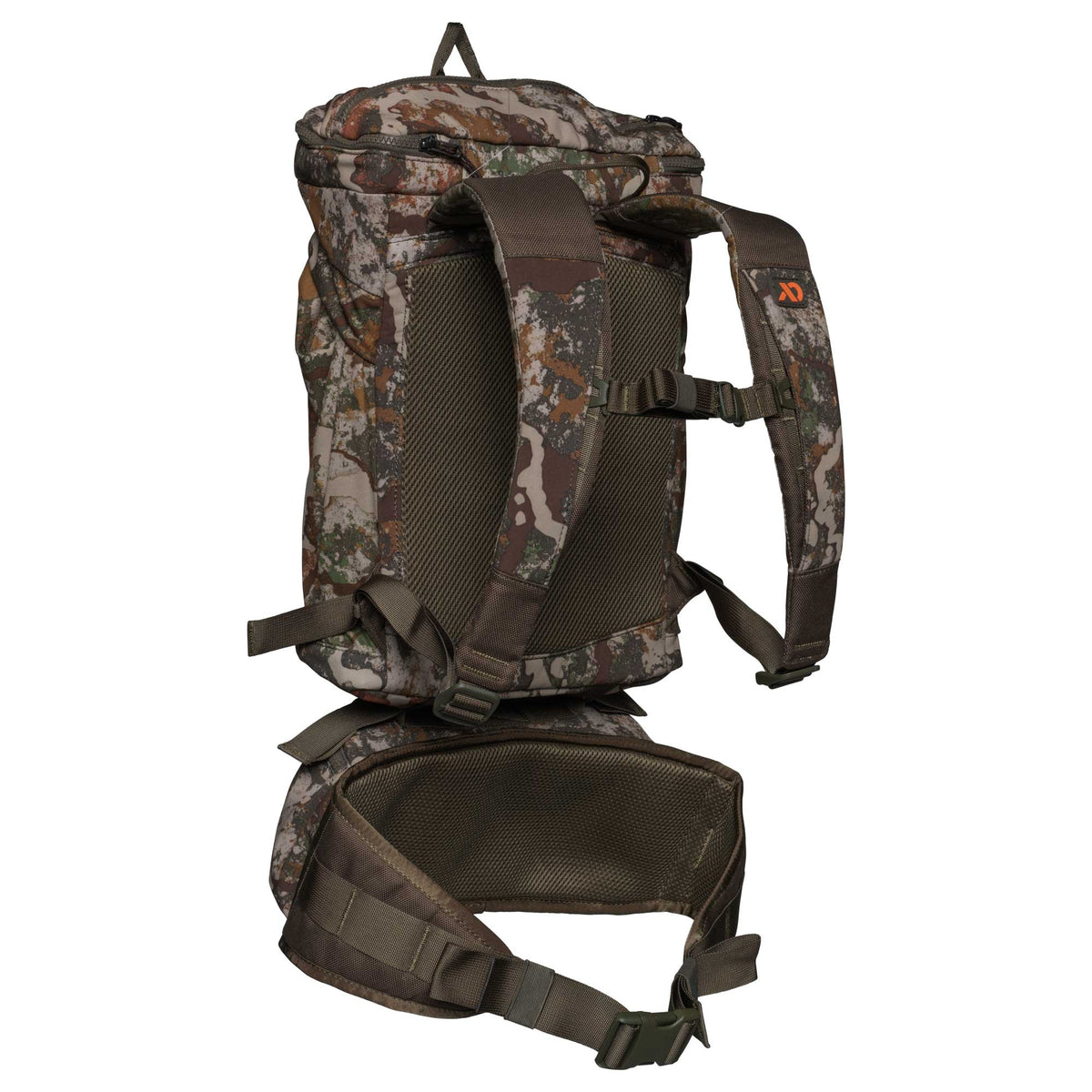 Camo hunting backpack with padded mesh shoulder straps, back panel, and waist belt, featuring an orange logo on the right strap.