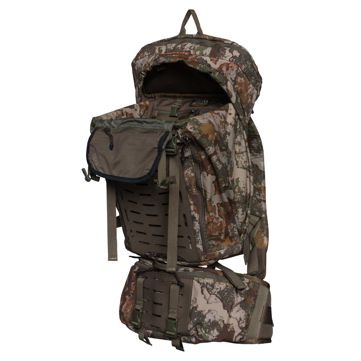 Camouflage hunting backpack with an open top, a front flap pocket, a lower compartment, and laser-cut attachment points.