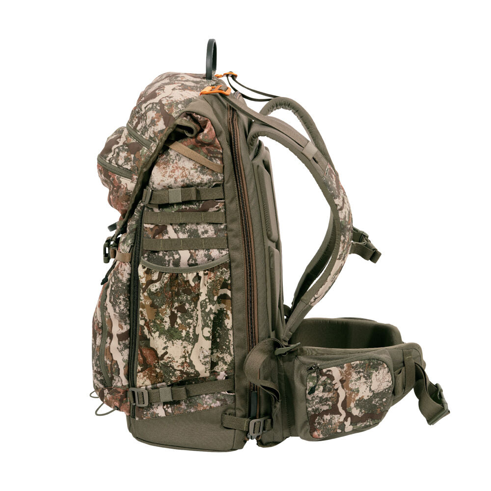 Camouflage hunting backpack seen from the side, featuring a large side zipper, multiple straps, padded shoulder straps, a hip belt pouch, and a top carry handle.