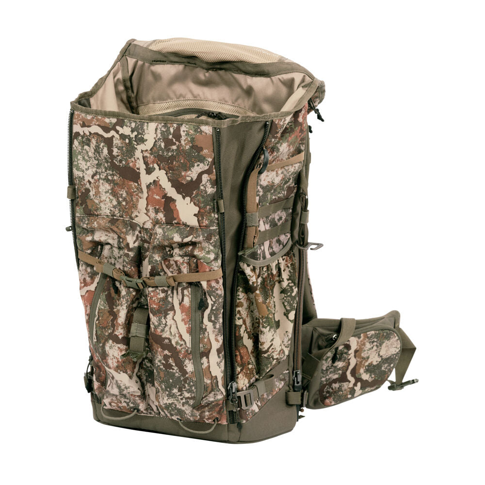 Camouflage hunting backpack with an open top showing mesh lining, numerous external pockets, and visible side zippers.
