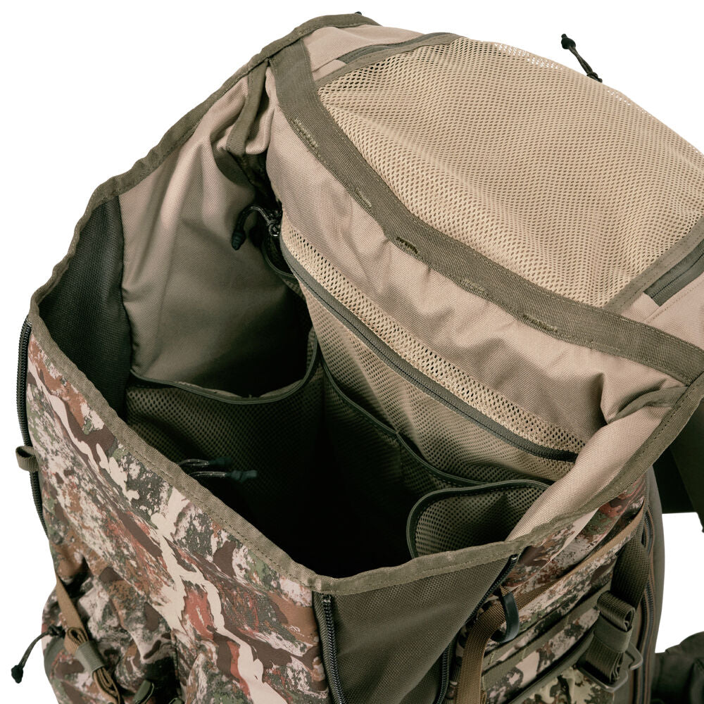 Open top view of a camouflage backpack interior revealing multiple mesh and fabric organization pockets.