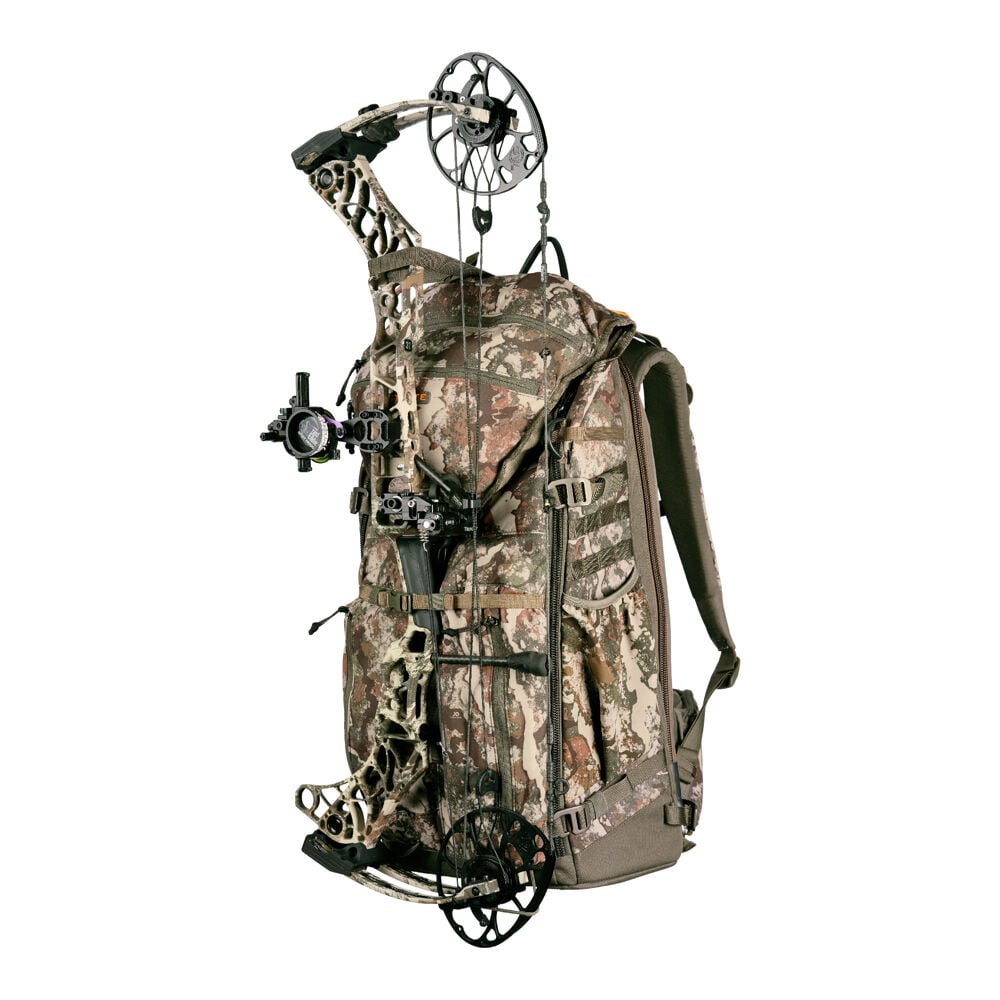 Camouflage hunting backpack with a compound bow securely attached to the front.