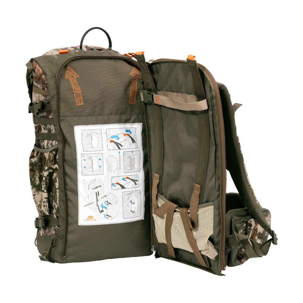Olive green and camouflage hunting backpack, opened to show an internal instruction diagram and mesh pockets.