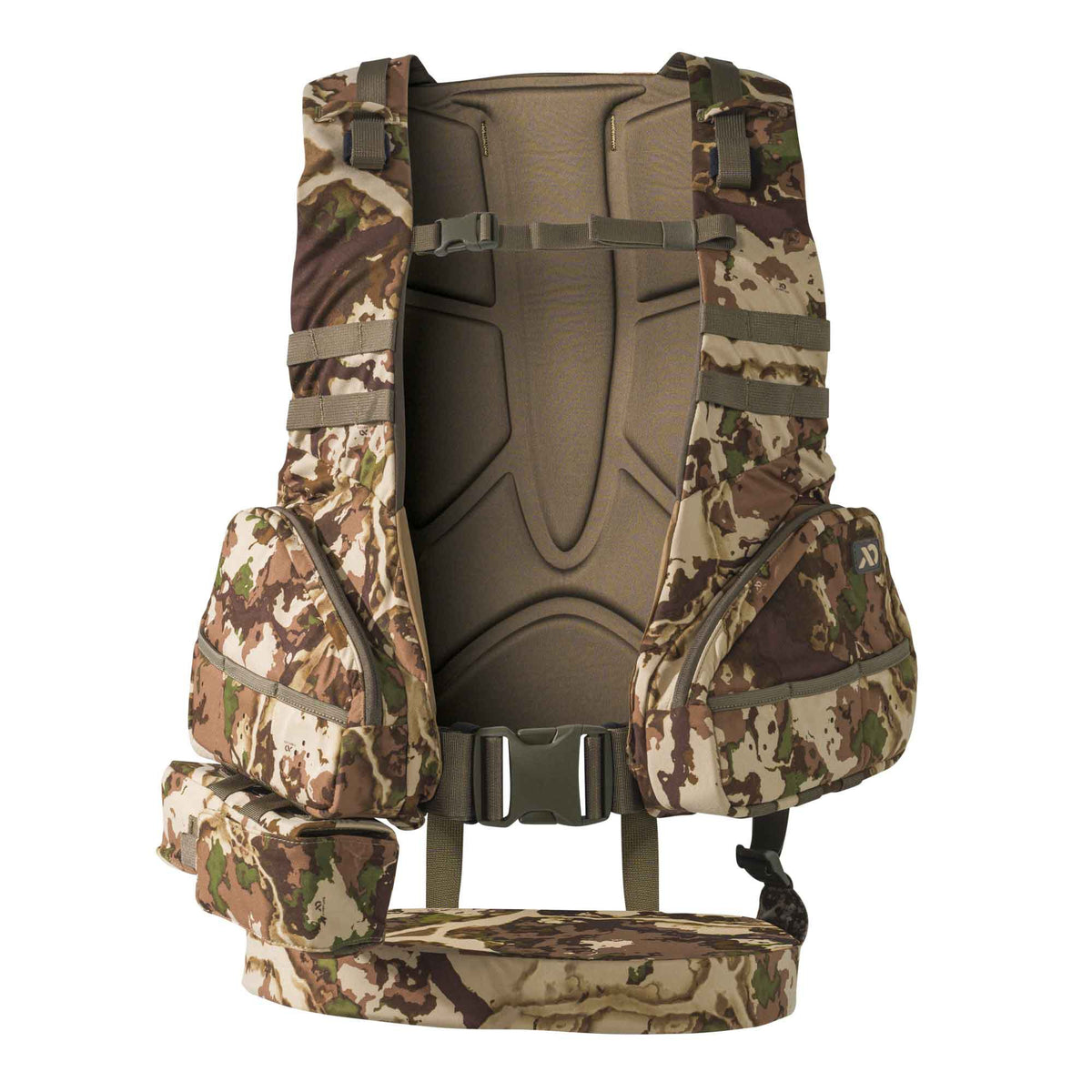 Camouflage hunting vest with multiple pockets, a padded back panel, adjustable straps, and a flat lower seat.
