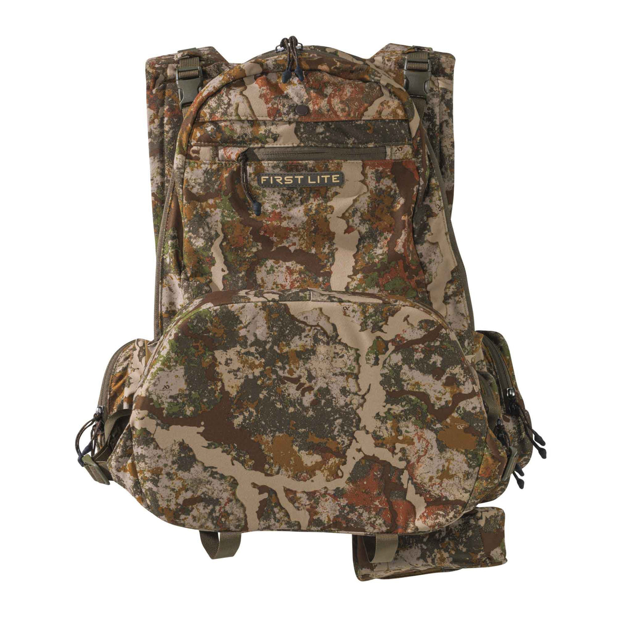 First Lite multi-color camouflage hunting backpack with a front logo, zippered compartments, and an integrated large lower lumbar pack.