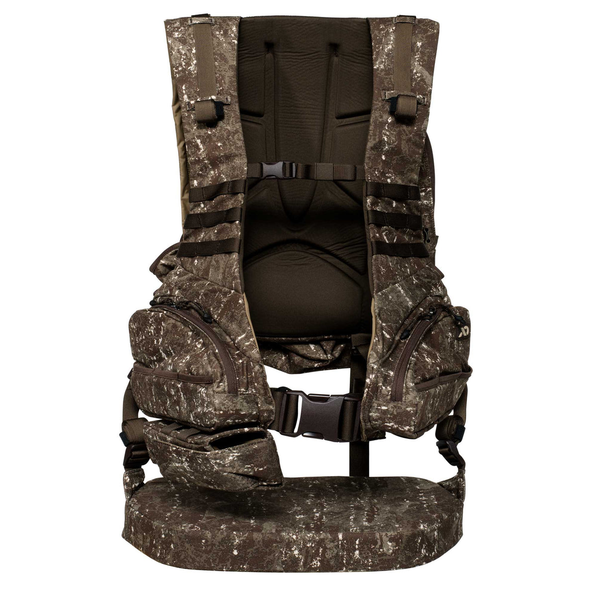 Brown and green speckled camouflage hunting pack with a padded back, multiple pockets, and an integrated seat.