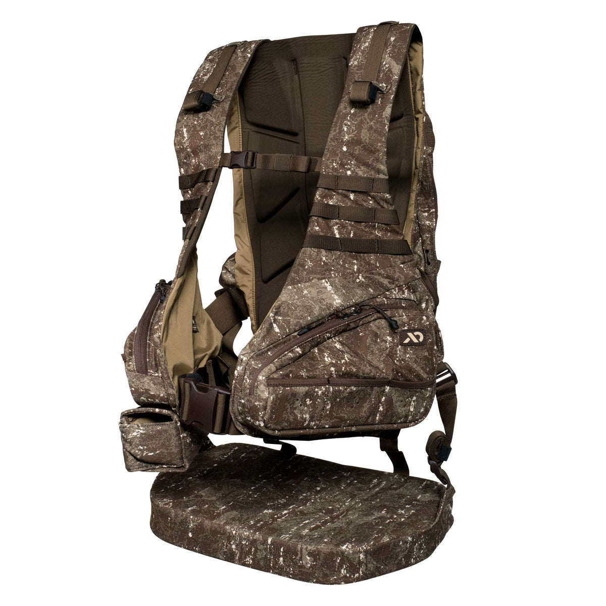 An earth-toned camouflage hunting vest with white speckles, featuring a padded back, multiple front pockets, and an integrated padded fold-down seat.