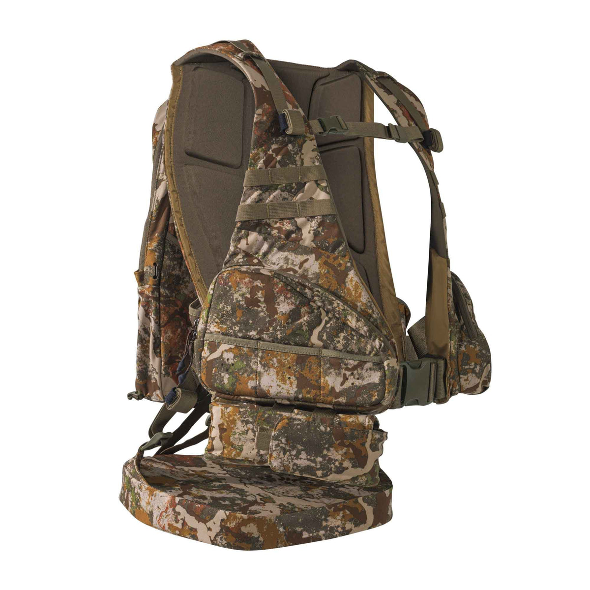 Multi-cam camouflage hunting pack with padded back, numerous pockets, and an integrated fold-down seat.