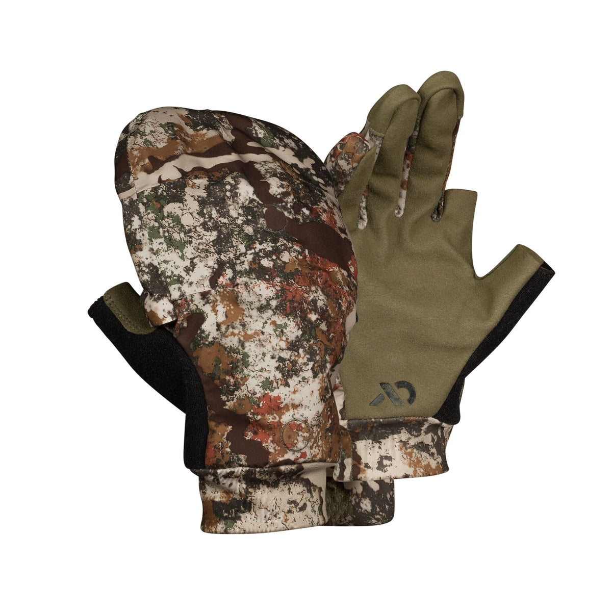 A pair of camouflage convertible gloves with an olive green fingerless base, black cuffs, and a logo.