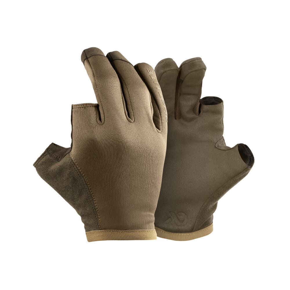 Pair of olive green fingerless gloves with an open thumb, a tan wristband, and darker textured palm reinforcement.
