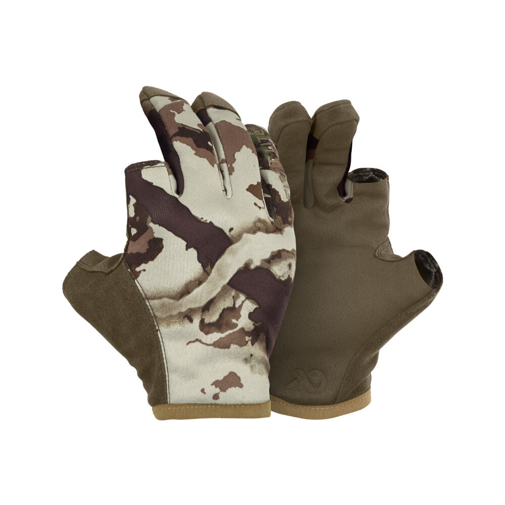 Pair of fingerless gloves featuring a brown and beige camouflage pattern on the back and solid olive green palms with tan cuffs.