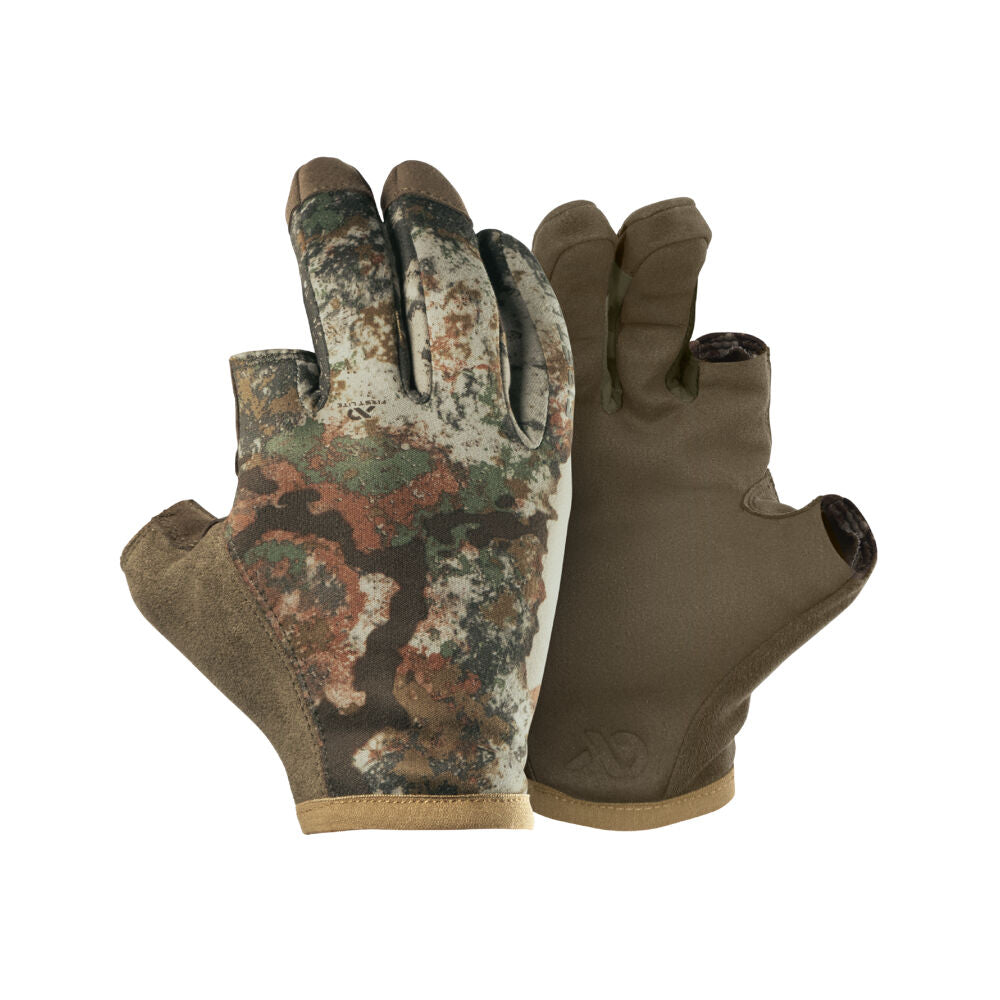 Pair of hunting gloves, one in brown and green camouflage, one solid olive-brown, both with fold-back index finger and thumb tips.