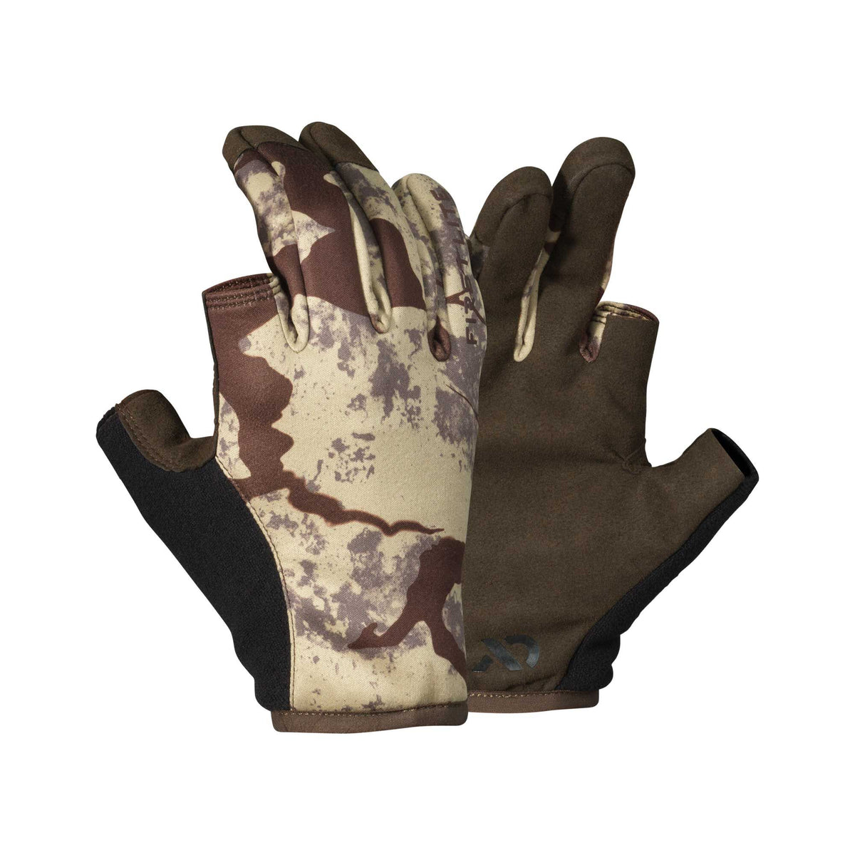 Pair of fingerless gloves, one in tan and brown camouflage, the other solid brown, both with black palms.