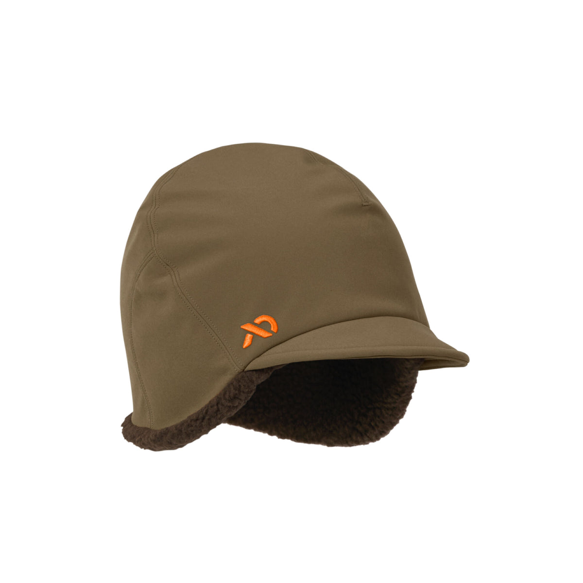 Olive green earflap cap with a small brim, dark brown faux fur lining, and an orange R-shaped logo.