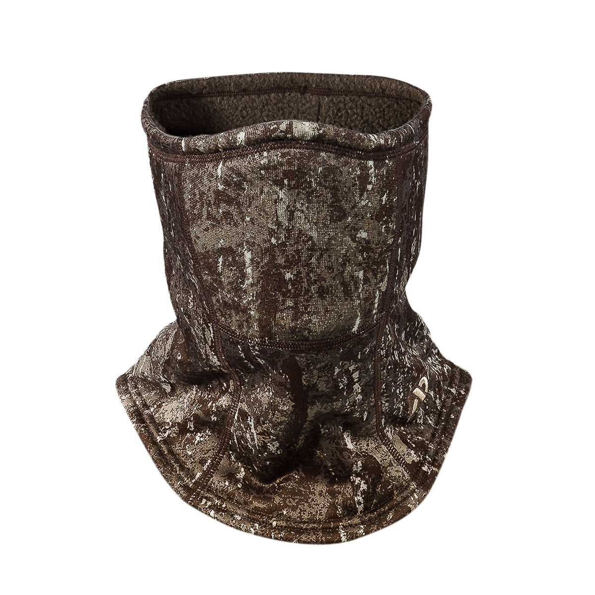 Dark brown camouflage neck gaiter with a fleece-lined interior and a light-colored logo on the lower right.