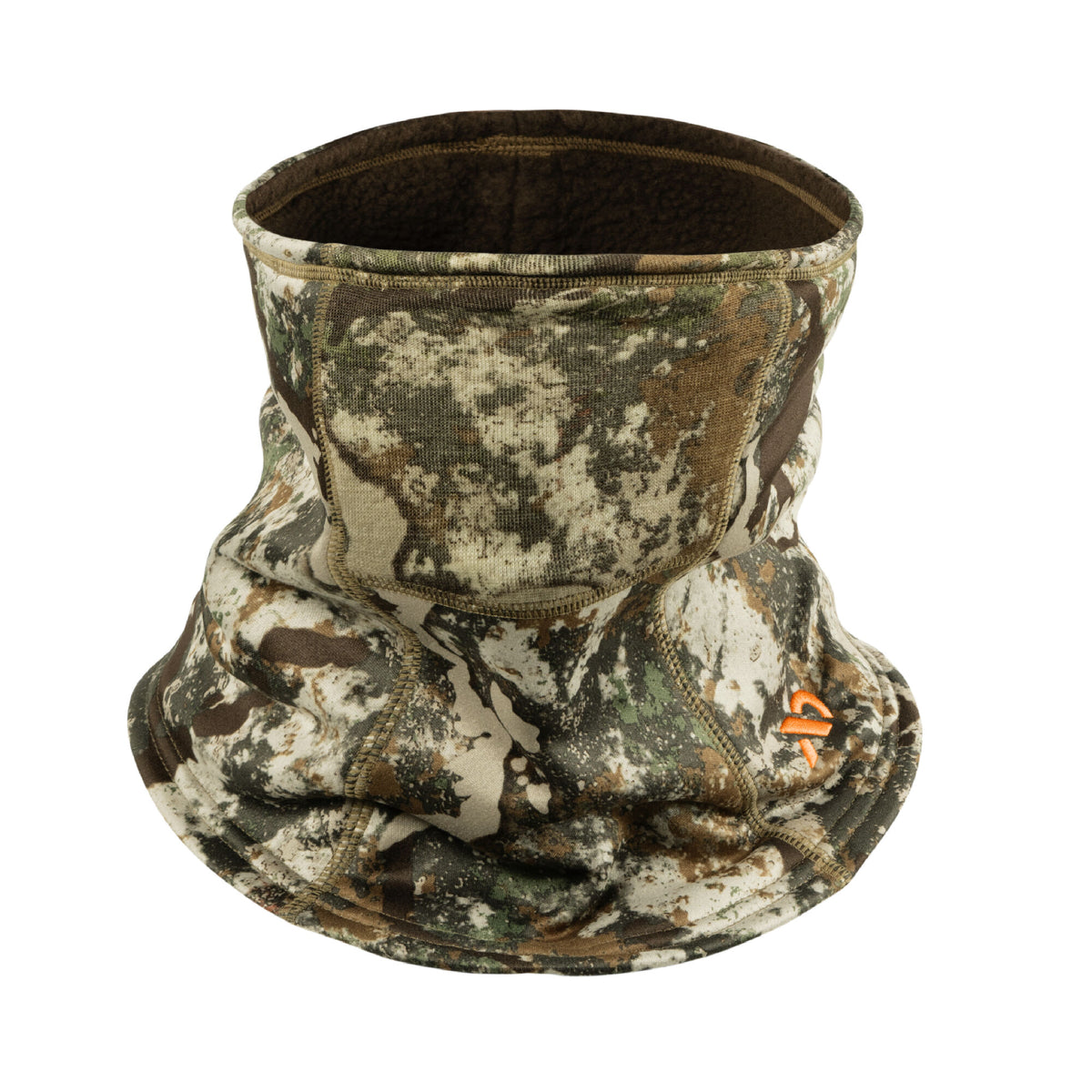 Camouflage neck gaiter with a brown fleece lining and an orange logo.