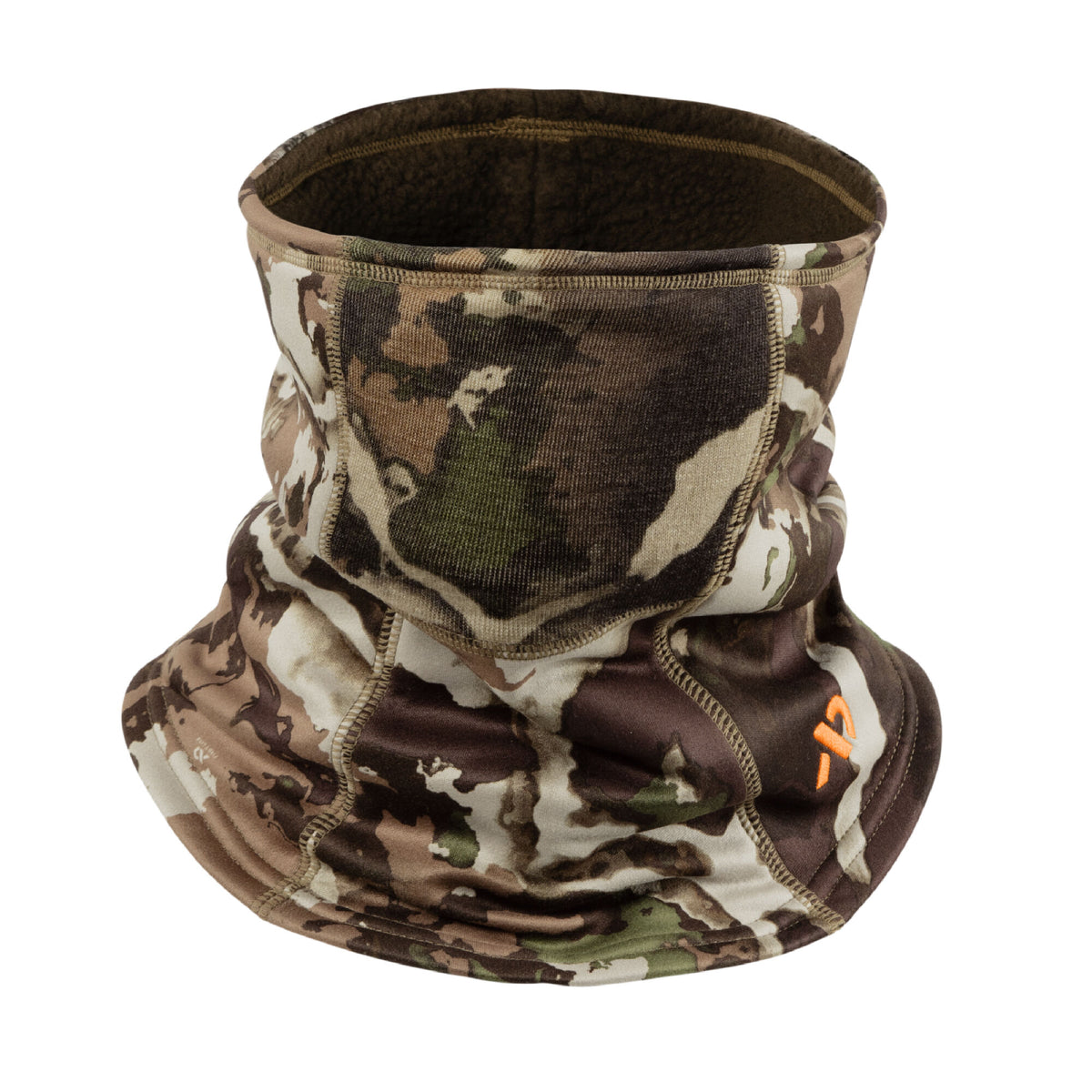 Camouflage neck gaiter with a brown fleece lining and an orange logo on the lower right.