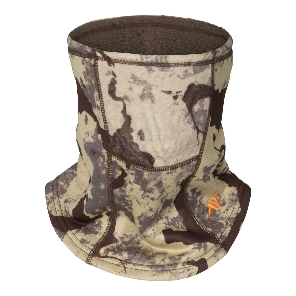 A beige and brown camouflage neck gaiter with a dark brown fleece lining and an orange embroidered logo on the lower right front.