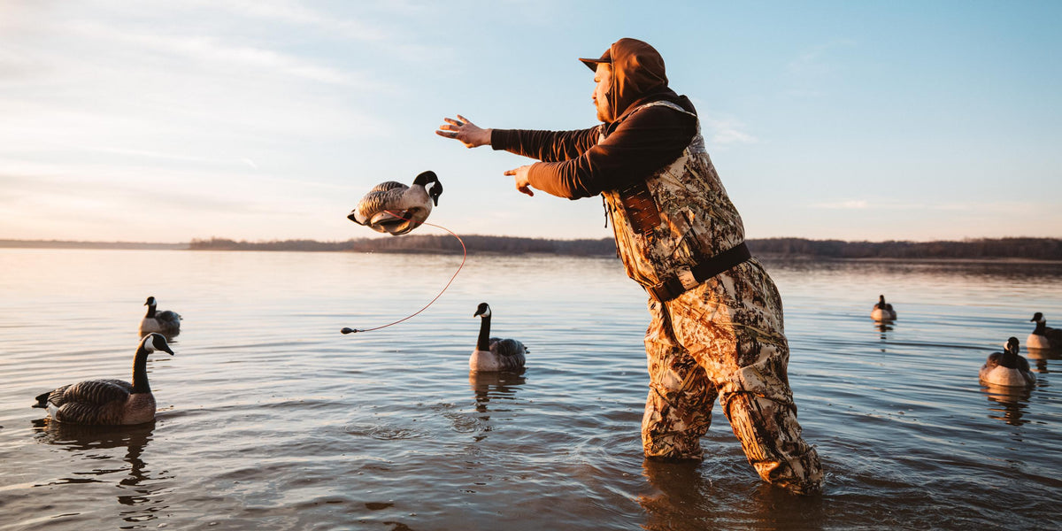 Man in full brown camouflage waders setting out a duck decoy in shallow water.